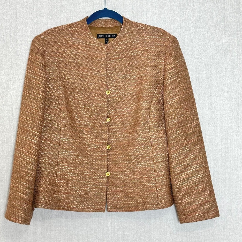 Lafayette 148 New York Rust Brown‎ Wool Textured Tweed Blazer Jacket Size 12